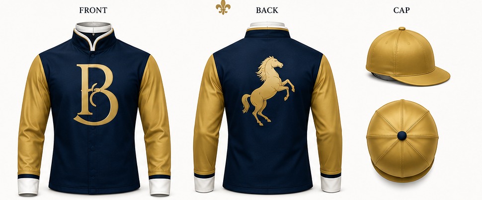Earlier Byerley design board depicting blue racing jacket with gold sleeves, B monogram and gold racing cap